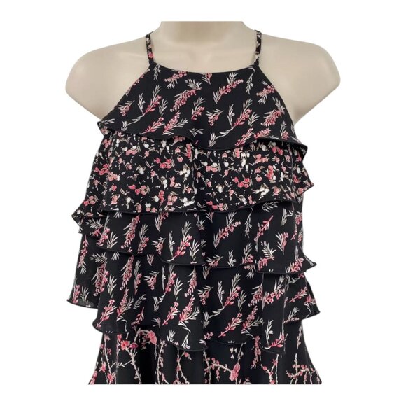WHBM Dress 4 Tiered Ruffle Flapper Black Pink Floral Halter Party Mini Feme - Picture 4 of 10
